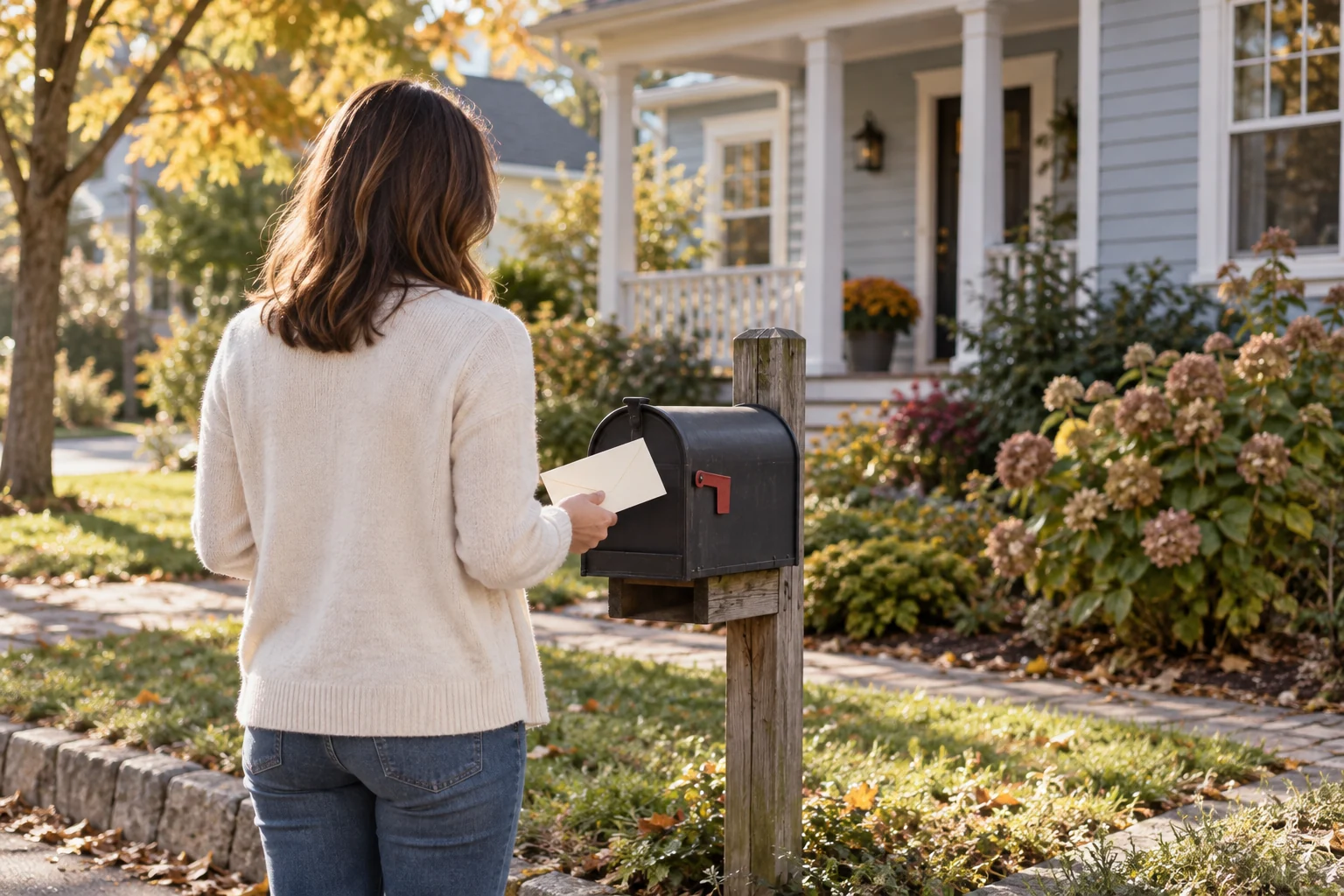 Illustration of a woman viewed from behind holding an envelope beside a suburban mailbox.