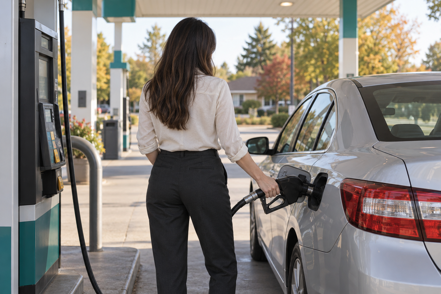 AI-generated illustration of a woman seen from behind refueling a silver car at an unbranded gas station.