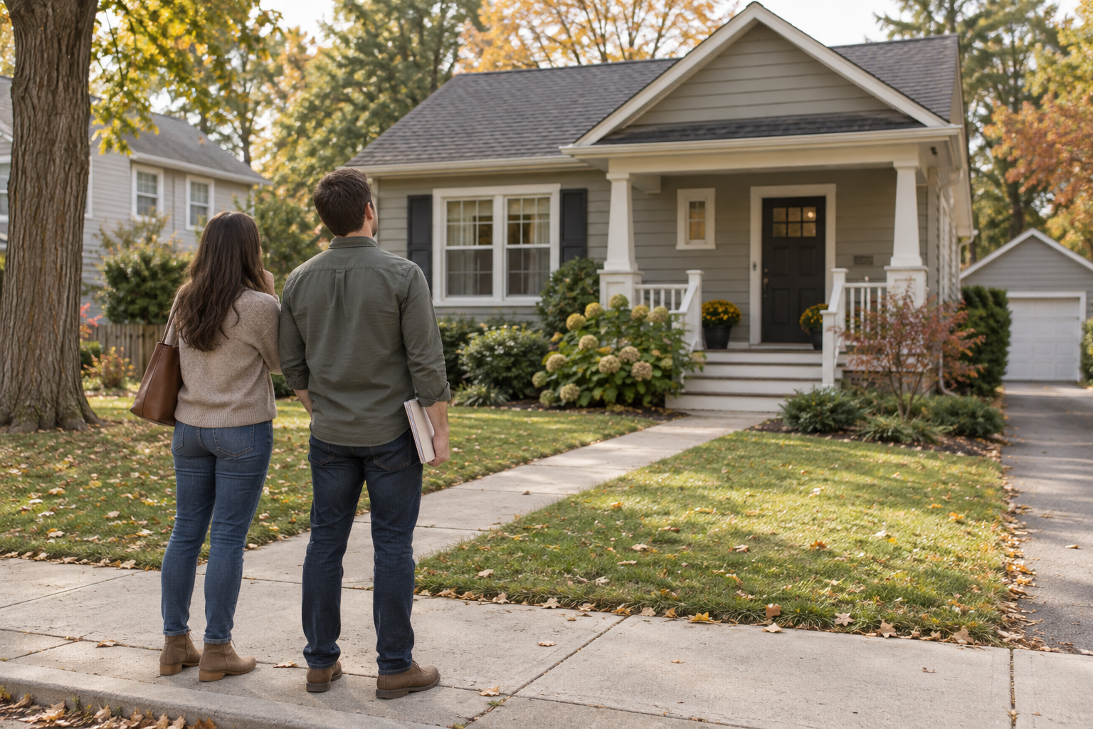 AI-generated illustration of two prospective homebuyers seen from behind, considering a modest suburban house.